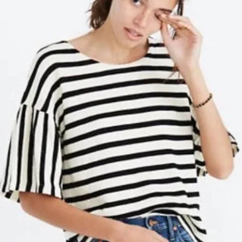 Madewell Flutter sleeve knit top. Black and white stripes